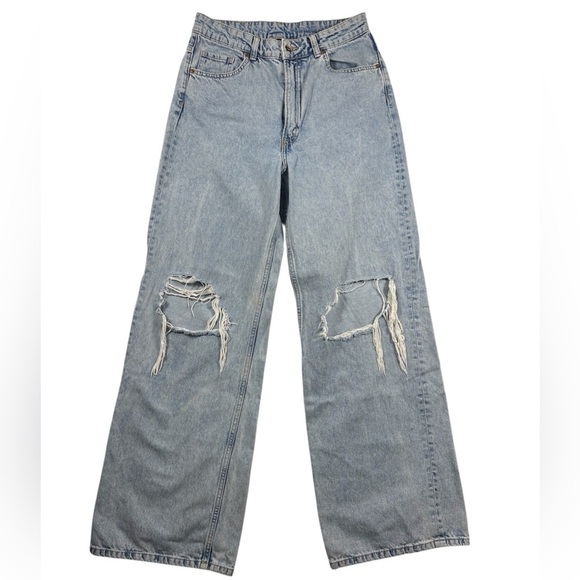 H&M Divided Light Denim 90S Baggy High Waisted Wide Leg Distressed Knee Jeans - Picture 1 of 9